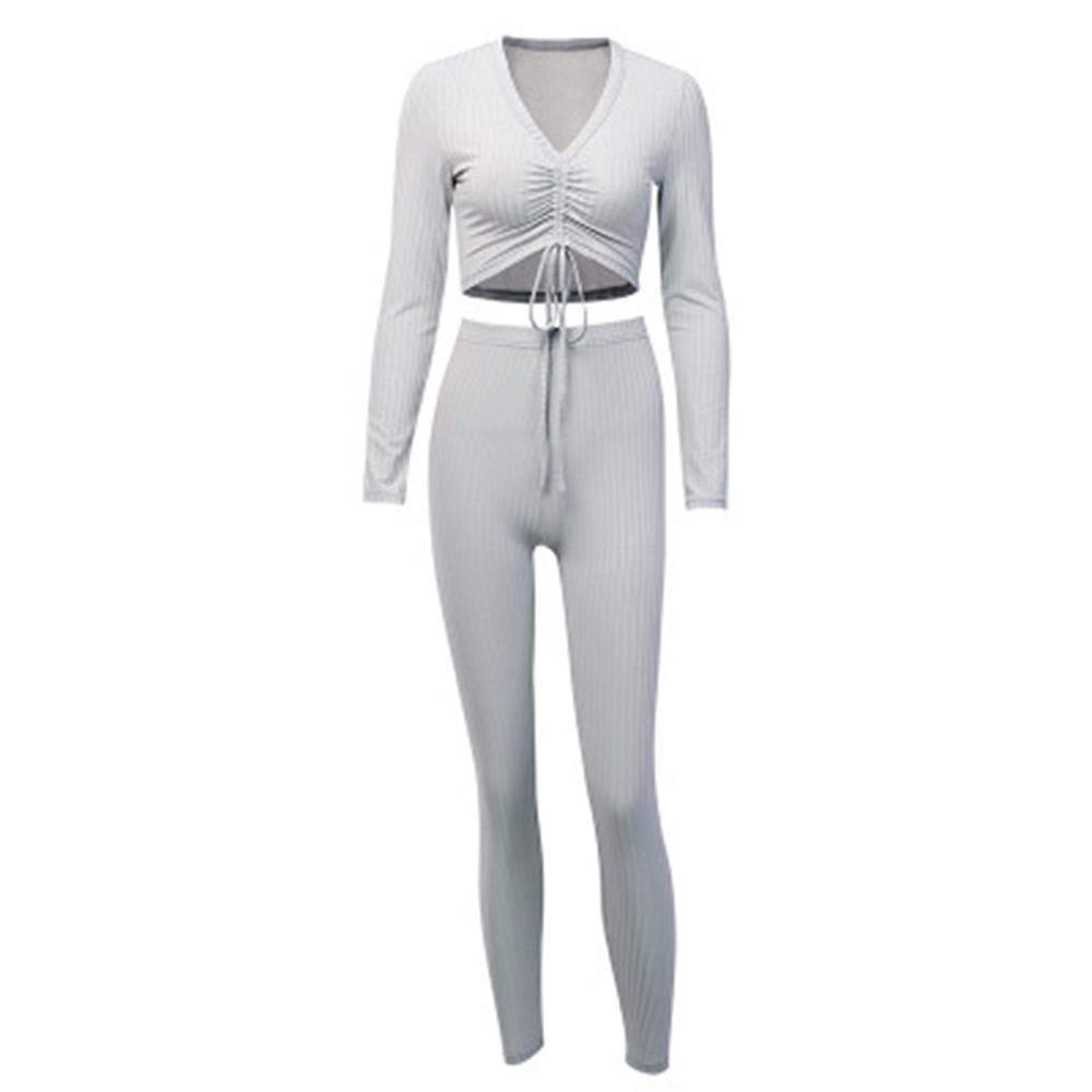 2021 Women’s Leisure Suit, Deep V-Neck Drawstring Crop Top + Skinny Pants Solid Set for Sports, Daily W