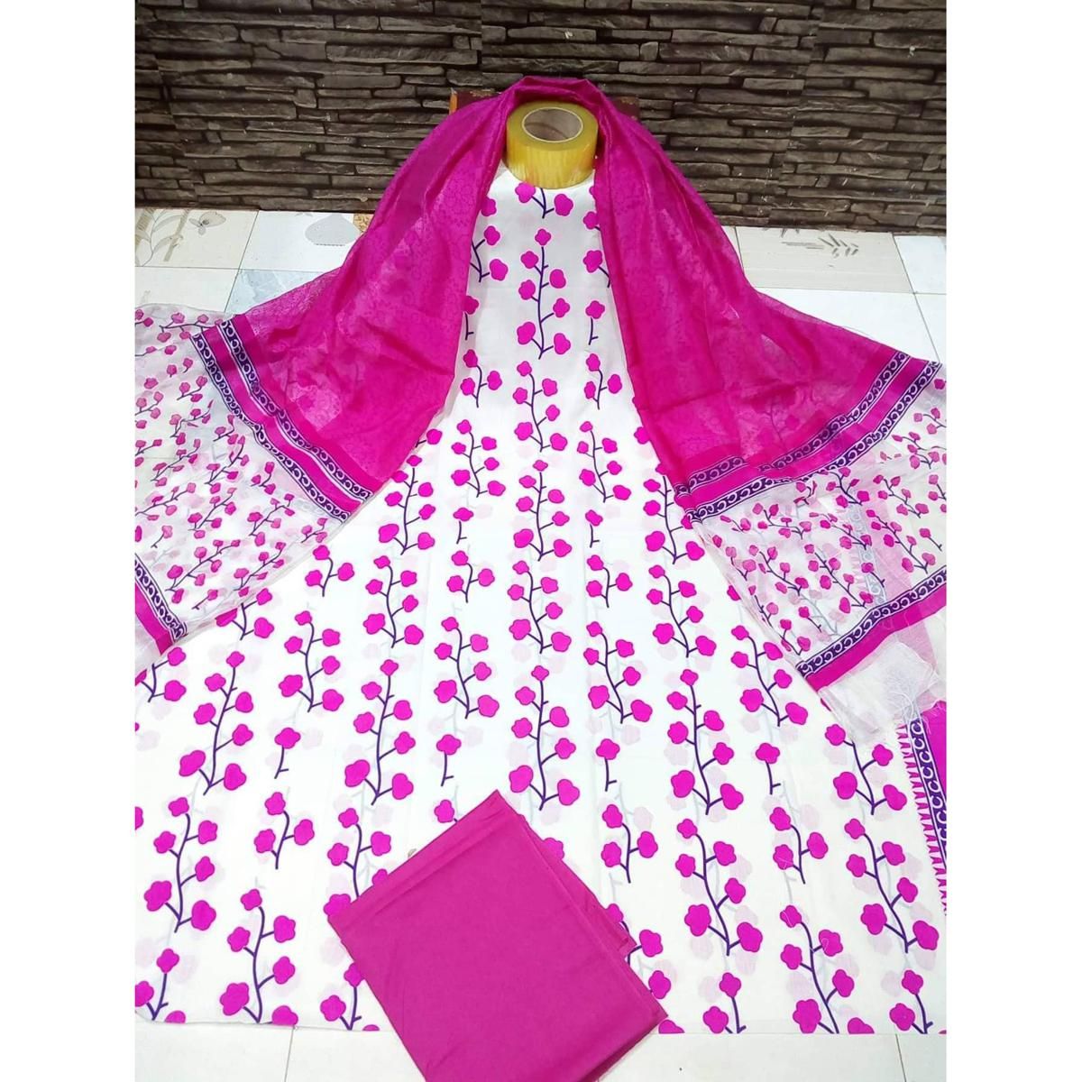 Unstitched White And Purple Cotton screen Printed Salwar Kameez for Women