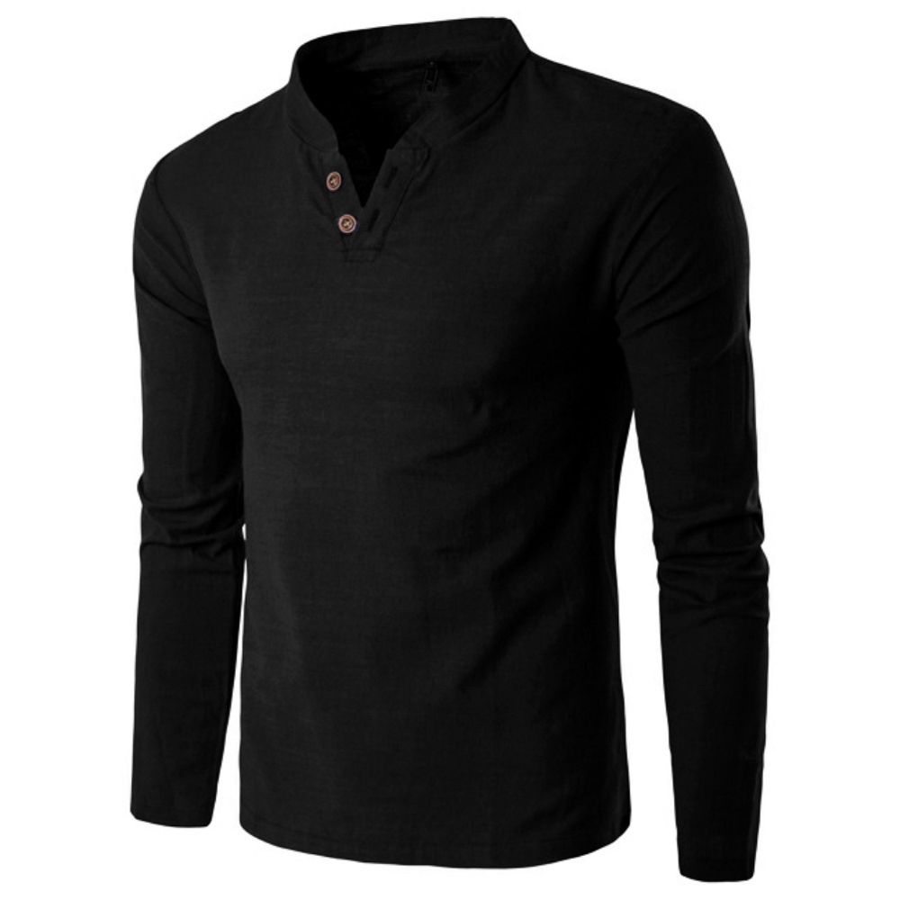 Men Chinese Style Buttons V-Neck Long Sleeve Stand Collar Cotton Linen Shirt Top