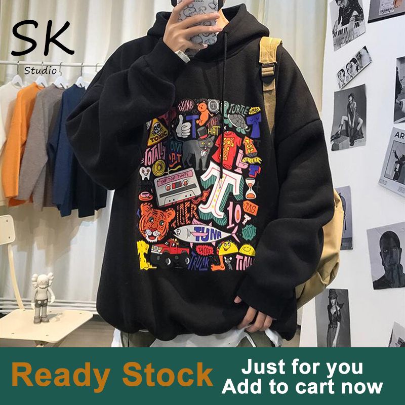 Men Pullover Hooded Sweatshirt Fashion Athletic-hoodies Closure T-Shirts Oversized Long Sleeve Harajuku Printed