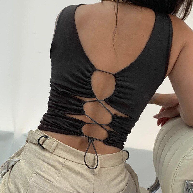 Summer Crop Top Women Streetwear Cut Out Drawstring Bandage Tank Tops White Black Blue C66-BF13