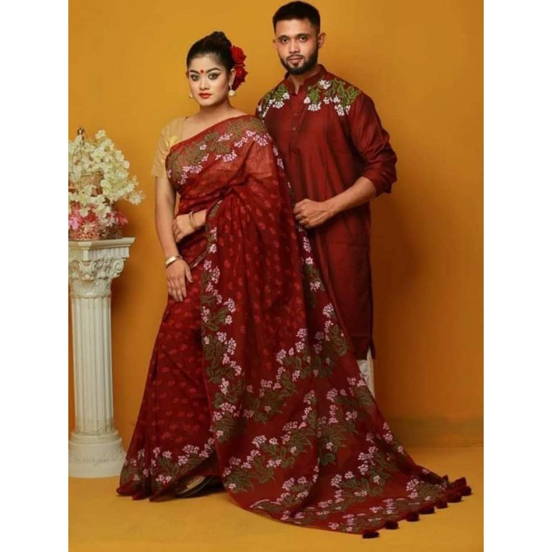 Couple Hand Paint Half Silk Saree and Dhupian Silk Punjabi