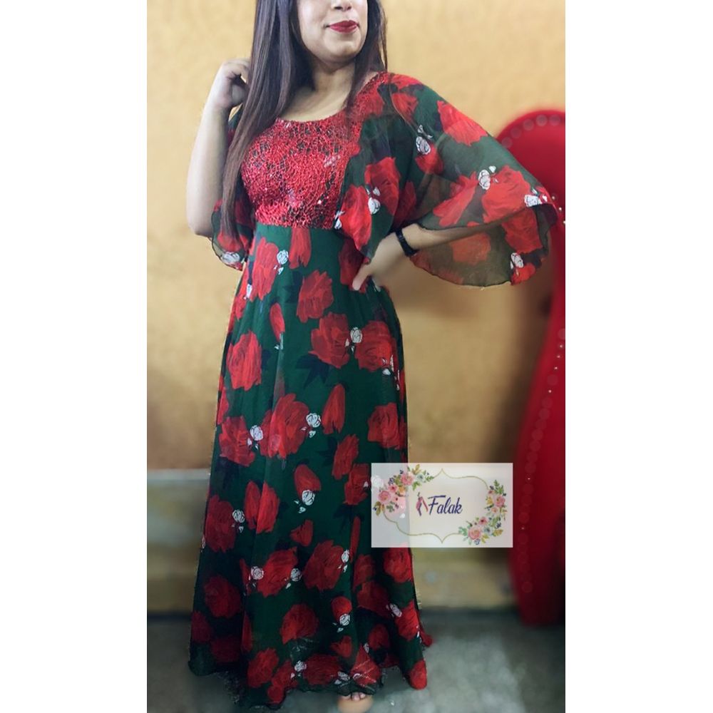 Green & Red Floral Georgette Gown with Inner