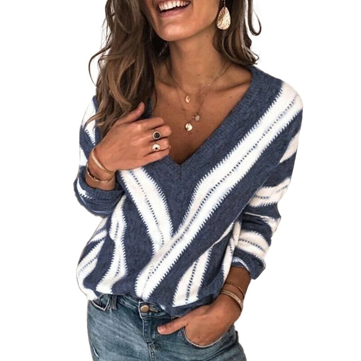 Autumn Pullover Sweaters for Women Jumpers Sexyy V Neck Striped Long Sleeves Casual Loose Fashion Knitted Tee Tops Blouse