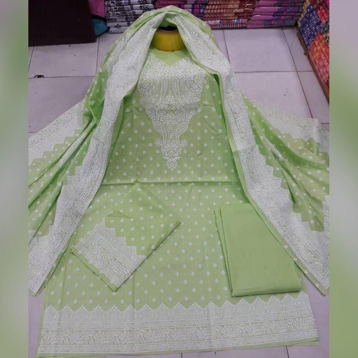 Unstitched Pale Green Color Cotton Rabar Emboss Salwar Kameez for Women