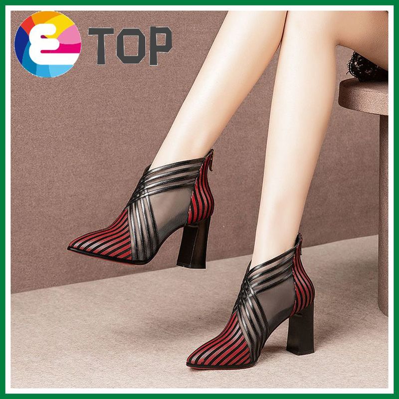 Boots for Women Korean Fashion Brand Waterproof Plus Size Heels for Women Mesh Sandals Female Chunky Heel Mesh Boots Women's Hollow New Mesh Sandals Female Soft Leather High Heels Women Sandal Boots Kasut Perempuan Tumit Tinggi Murah