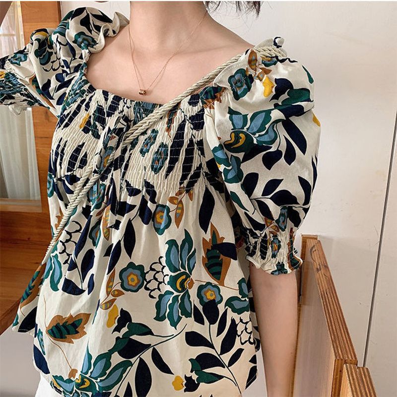 Women Short Shirt Square Collar Floral Print op Flare Sleeve -shirt color