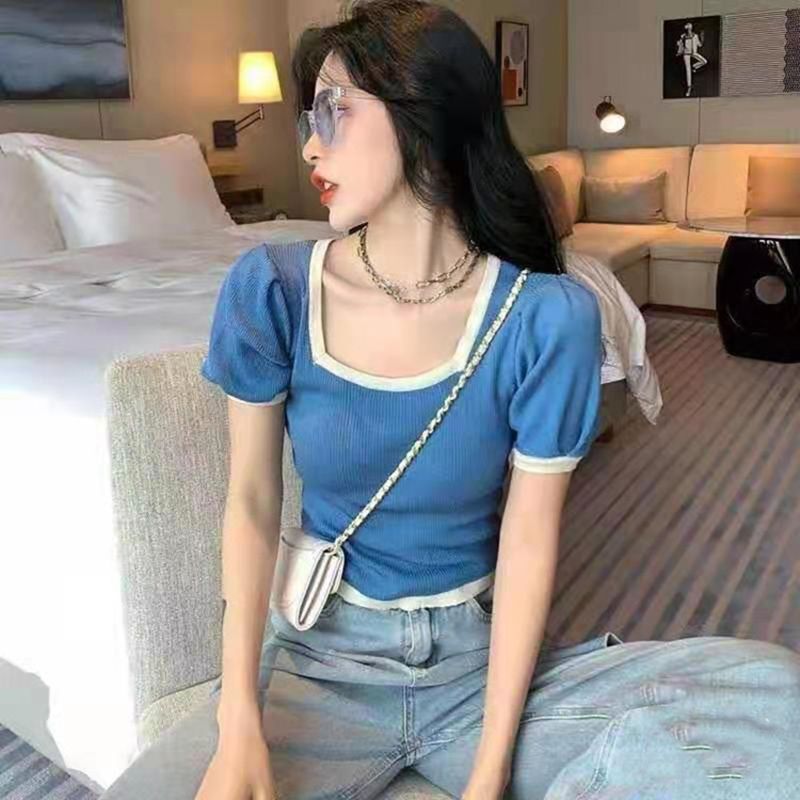 Yfashion Women  Knitted  Shirt Square Neck Short Sleeve Puff Sleeve Ice Silk Knit Sweaters color