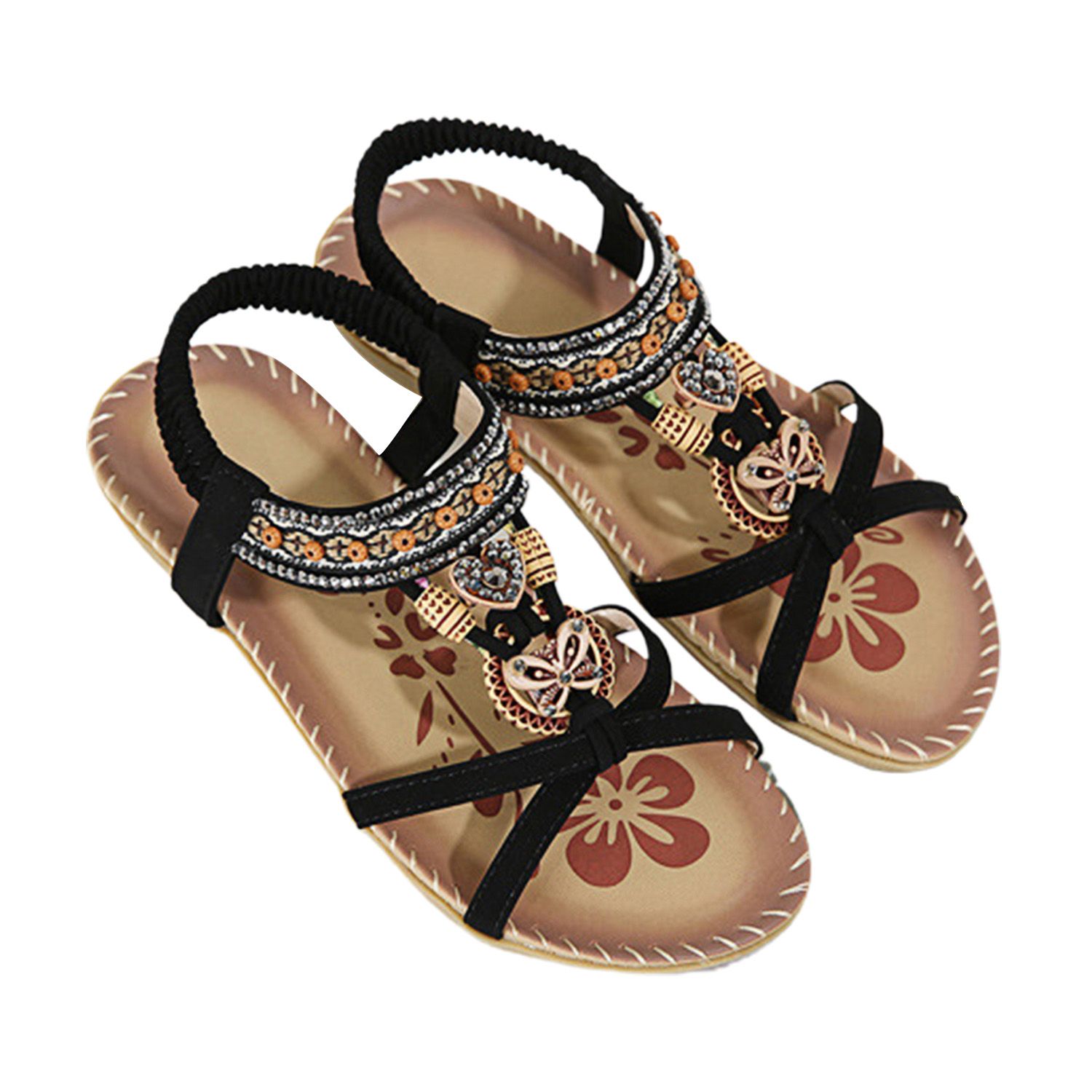 Sandals Elastic Band Bohemian Flower Print Beads Flat Sandals