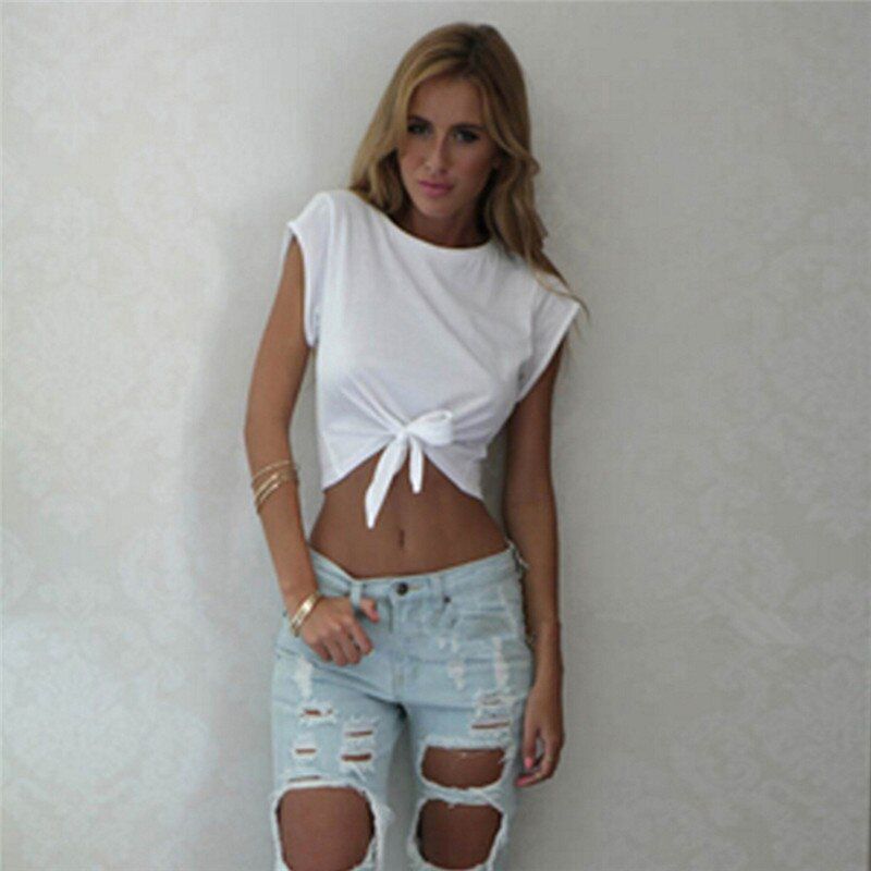 Women Knotted Tie Front Crop Tops Cropped T Shirt Casual Blouse Tanks camis White Grey Color