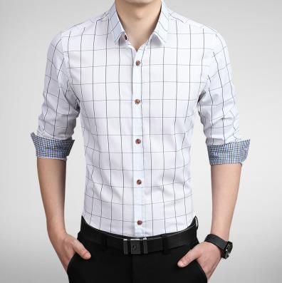 Plaid Shirt Men Long Sleeve Slim Fit White M-5XL 100% Cotton Dress Shirts Male Clothes Social Vintage Summer Casual Shirts Men