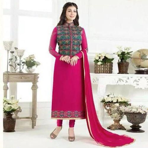 Semi Stitched Magenta Georgette Embroidered Salwar Kameez for Women