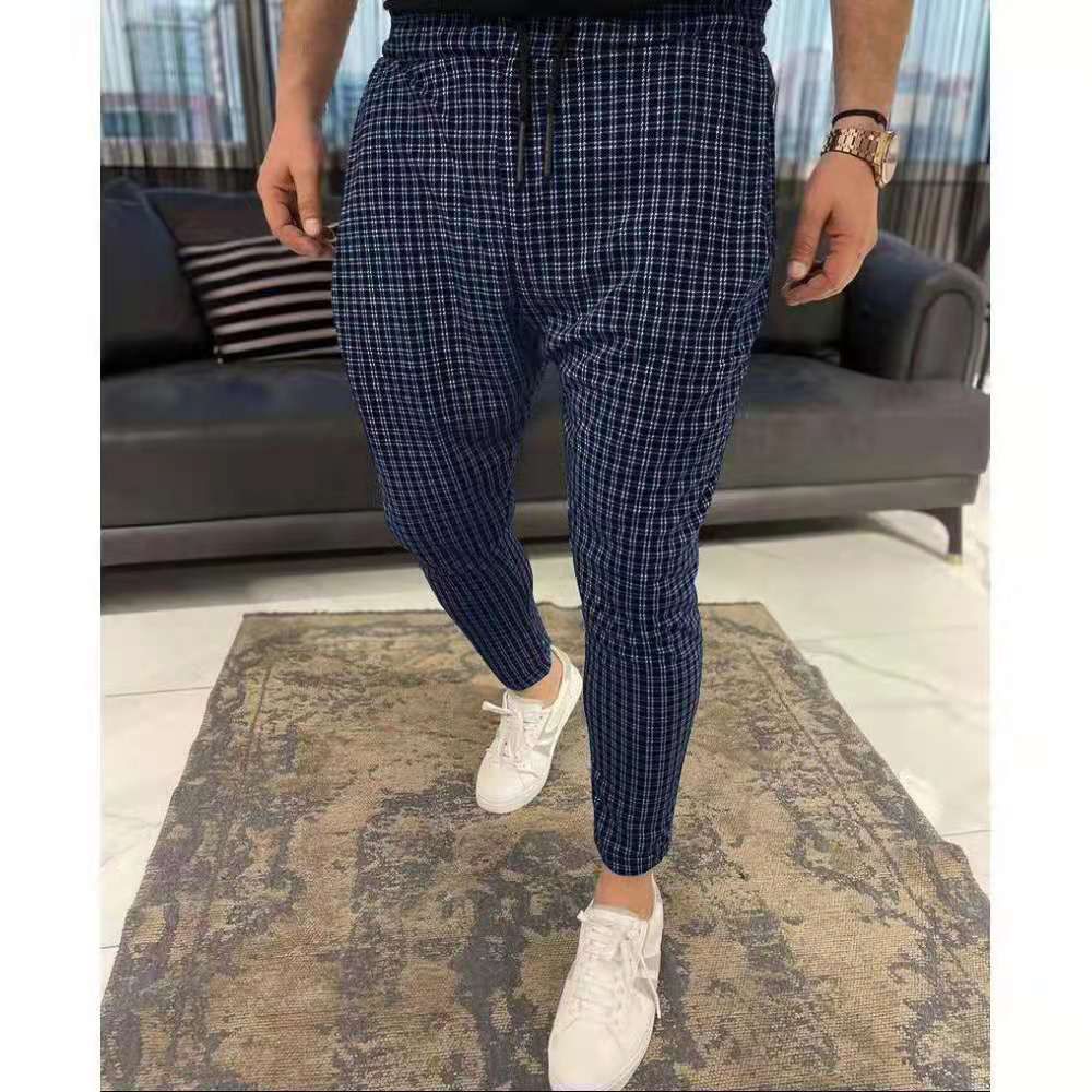 New Fashion Plaid Pants Mens Skinny Pencil Pants Slim Mid Waist Drawstring Trouser Men Loose Casual Jogger Long Pants