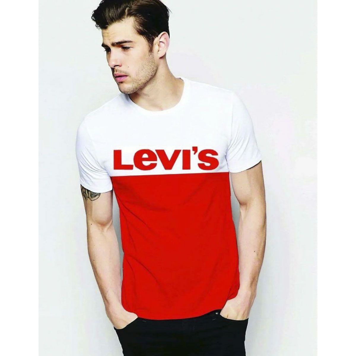 White and Red Cotton Short Sleeve T-Shirt For Men