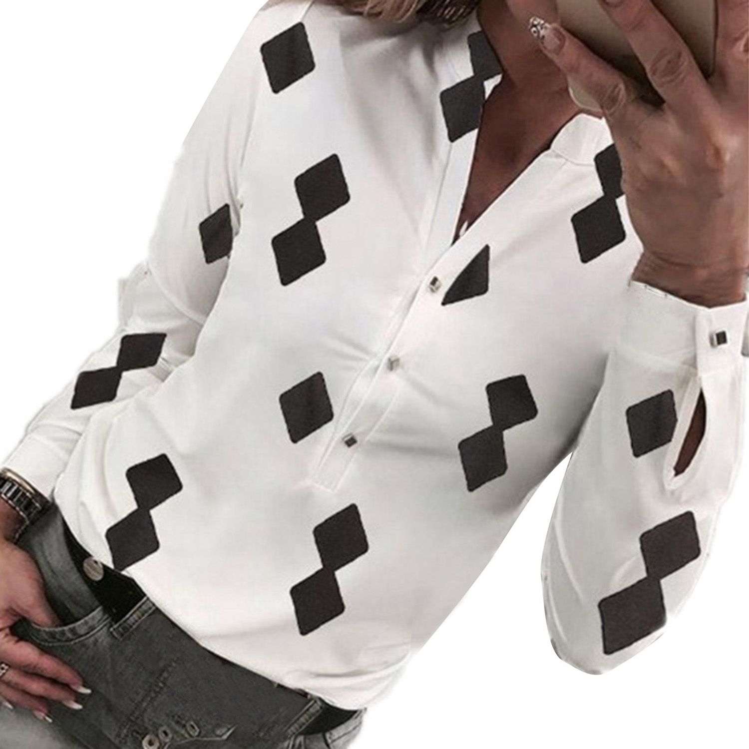 Ladies Shirt Half Button Plket Women Floral Printing Blouse