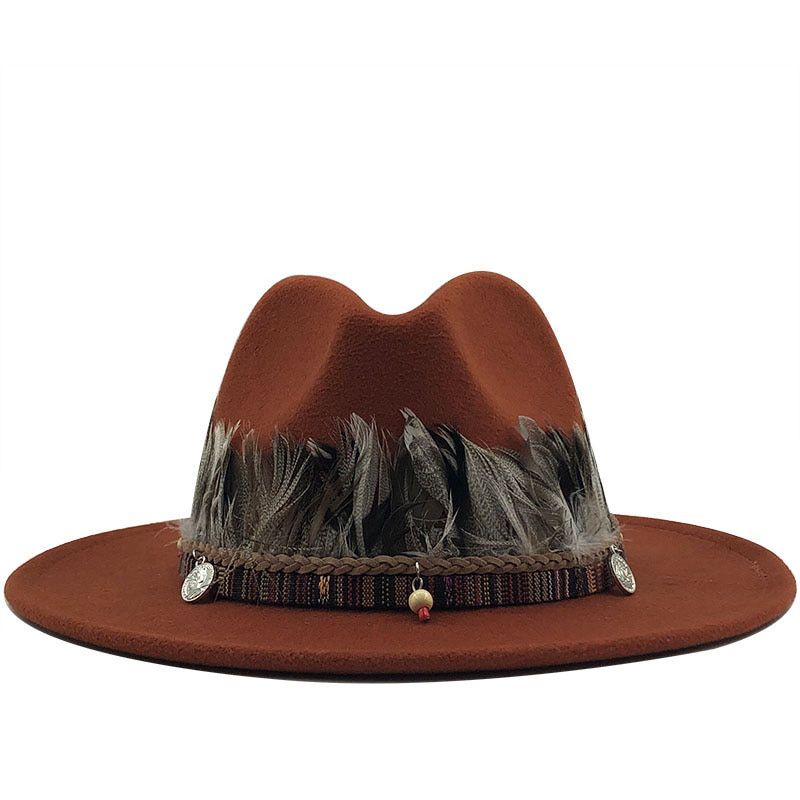 ple  Women Men Wool Fedora Hat With feather Gentleman Elegant Lady Winter Autumn Wide Brim Jazz Church Panama Sombrero Cap