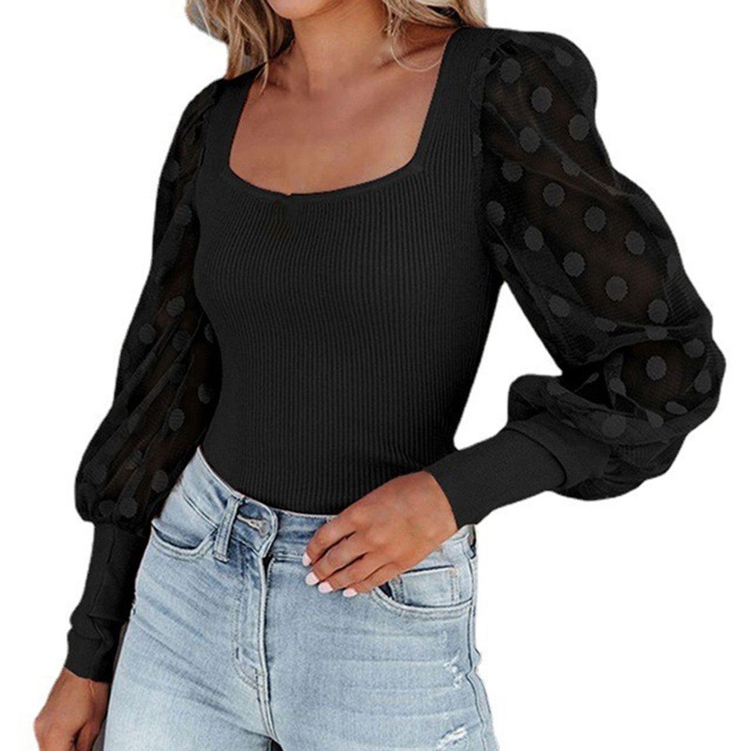 Pullover Top Flexible Long Sleeve Dot Women Pullover T-shirt