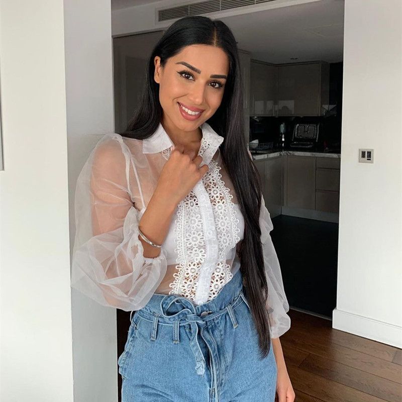 New Women's Mesh Lace Sheer Long Sleeve Top Fashion Lapel Puff Sleeve Loose Blouse Solid Color