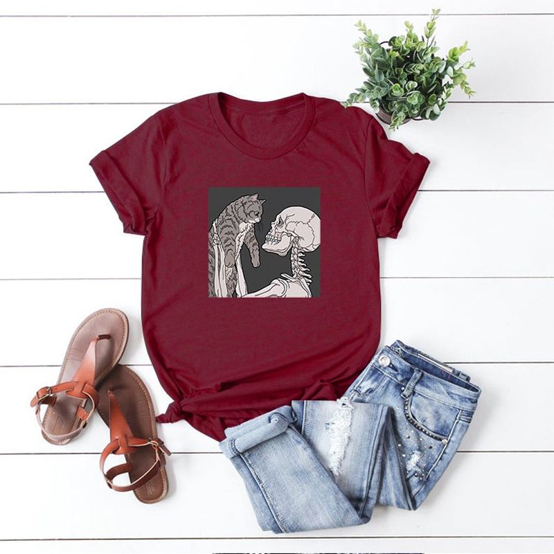 Summer black gentle skull short top vintage Korean streetwear Harajuku casual cute fresh female clothing O-neck Women's t-shirt