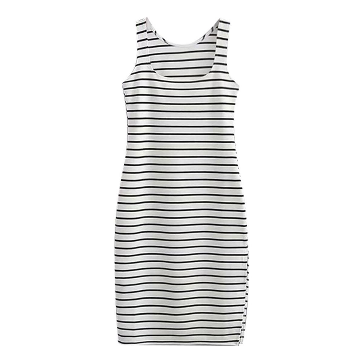 New Casual summer dress Women Stripe Print O-Neck Split Sleeveless Tank Mini Dress vestido robe
