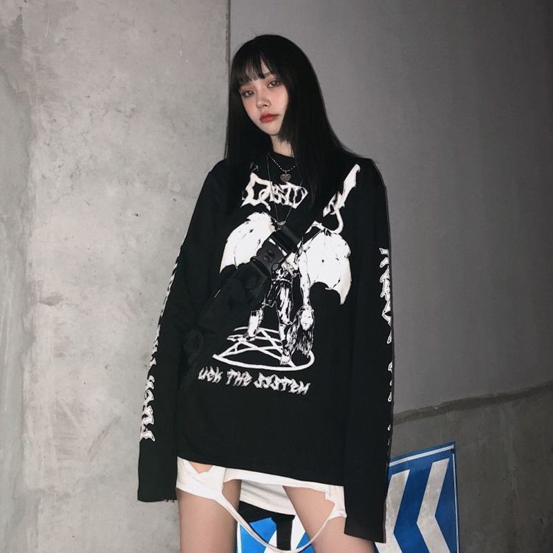 top Punk Gothic T-shirts Loose Streetwear Harajuku demon Print Summer Fashion Female Long sleeve Casual Vintage women black tees