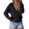 Women Deep V Neck Wrap Sweater Long Sleeve Crochet Knit Hollow Pullover Jumper