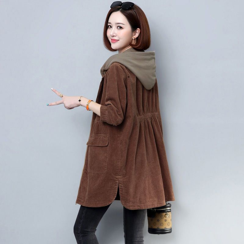 Corduroy lining Hooded Jacket Women Spring Autumn New Plus size Loose Windbreaker Casual Female Cotton Zipper Long Outwear