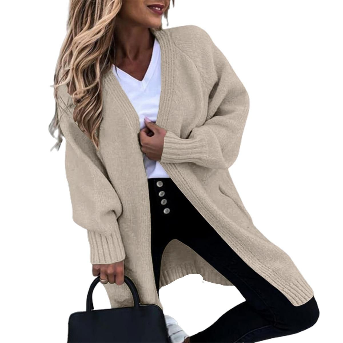 Knitted Coat Cold Resistant Open Front Solid Color Sweater Coat