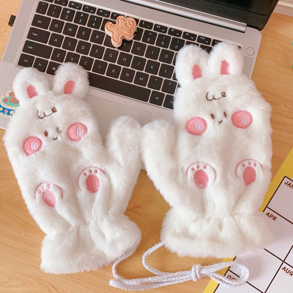 NEW Cute Fleece Neck Hanging Mittens Winter Thick Cashmere Cartoon Frog StuWarm Cotton Female Full Finger Gloves