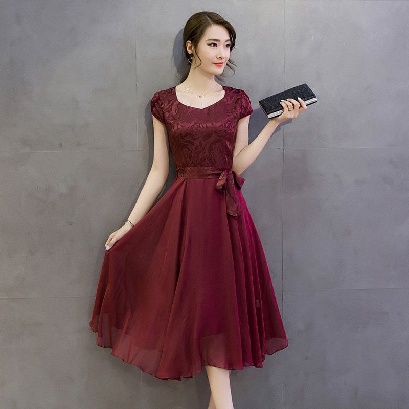 Summer New Fashion V-neck and Short Sleeve Slim Fashion Office Lady Dresses Elegant Solid Silk Female Dress RE2313