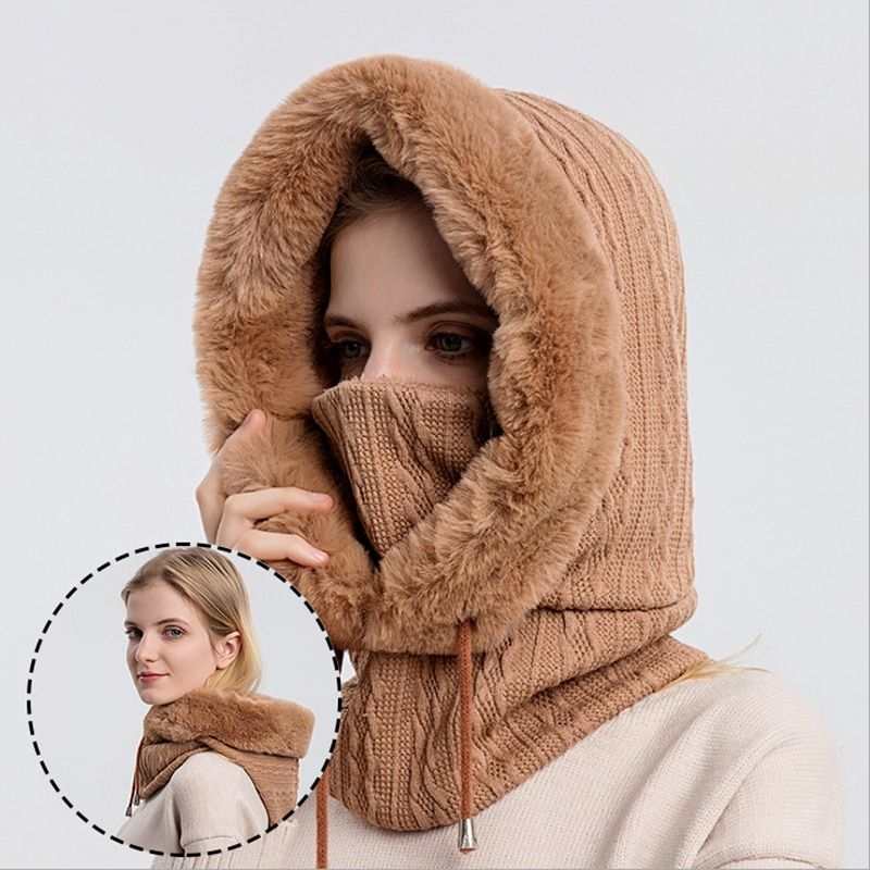 Winter Cap With Set Hooded for Women Warm Knitted Cashmere Outdoor Ski Windproof Hat Thick Plush Fluffy Beanies Breathable