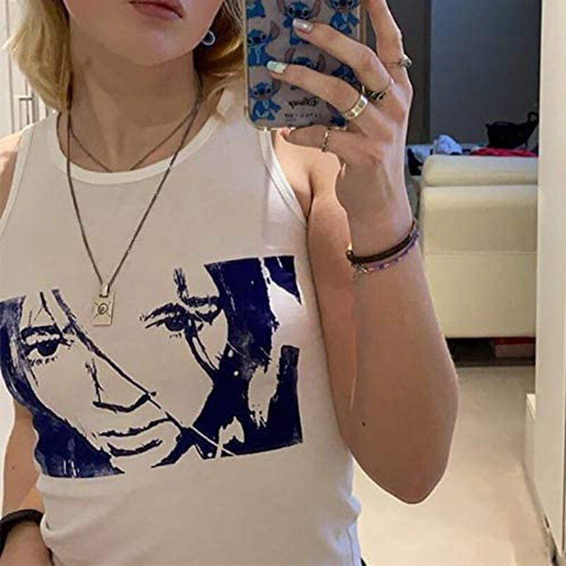 Harajuku Print Tank Top Aesthetic Casual Sleeveless Mini Vest Women Summer Gothic Punk Style Streetwear Crop Top Tee