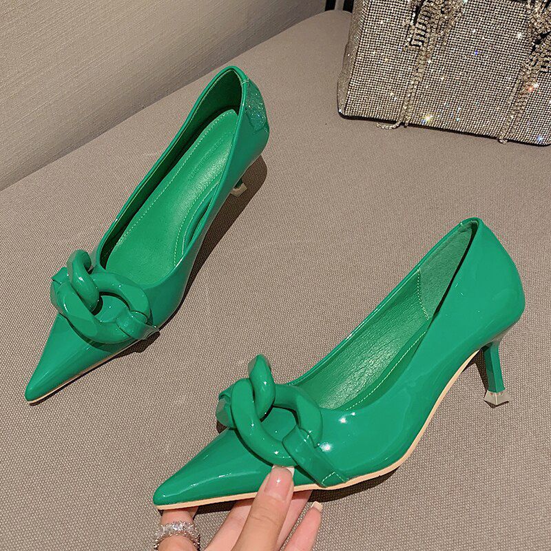 Woman Fetish 3cm 5cm Low High Heels ScarpChain Pointed Toe Shoes Stripper Orange Office Stiletto Party Pumps