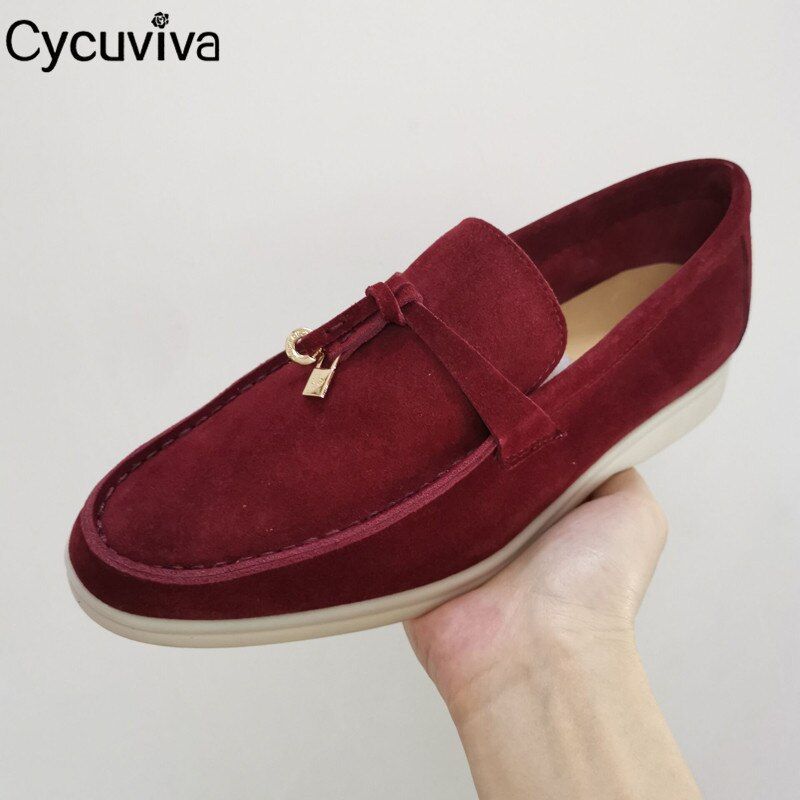 New Suede Flat Shoes Men Round Toe Slip On Male Loafers Metal Lock Decorate Blue Flat Mules Casual Shoes Summer Outwear Shoes