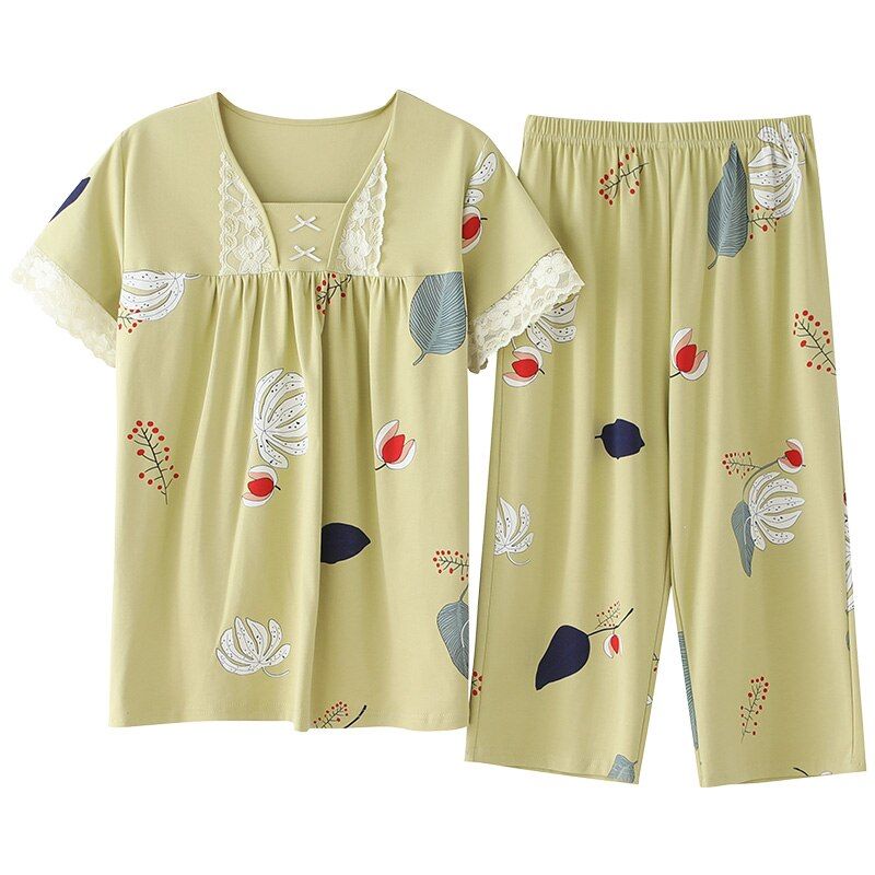 Fashion Print Pajamas Set Summer 100% Cotton Sleepwear For Women Casual Home Wear Ladies Night Big Size Pijamas Pyjamas M-XXXL