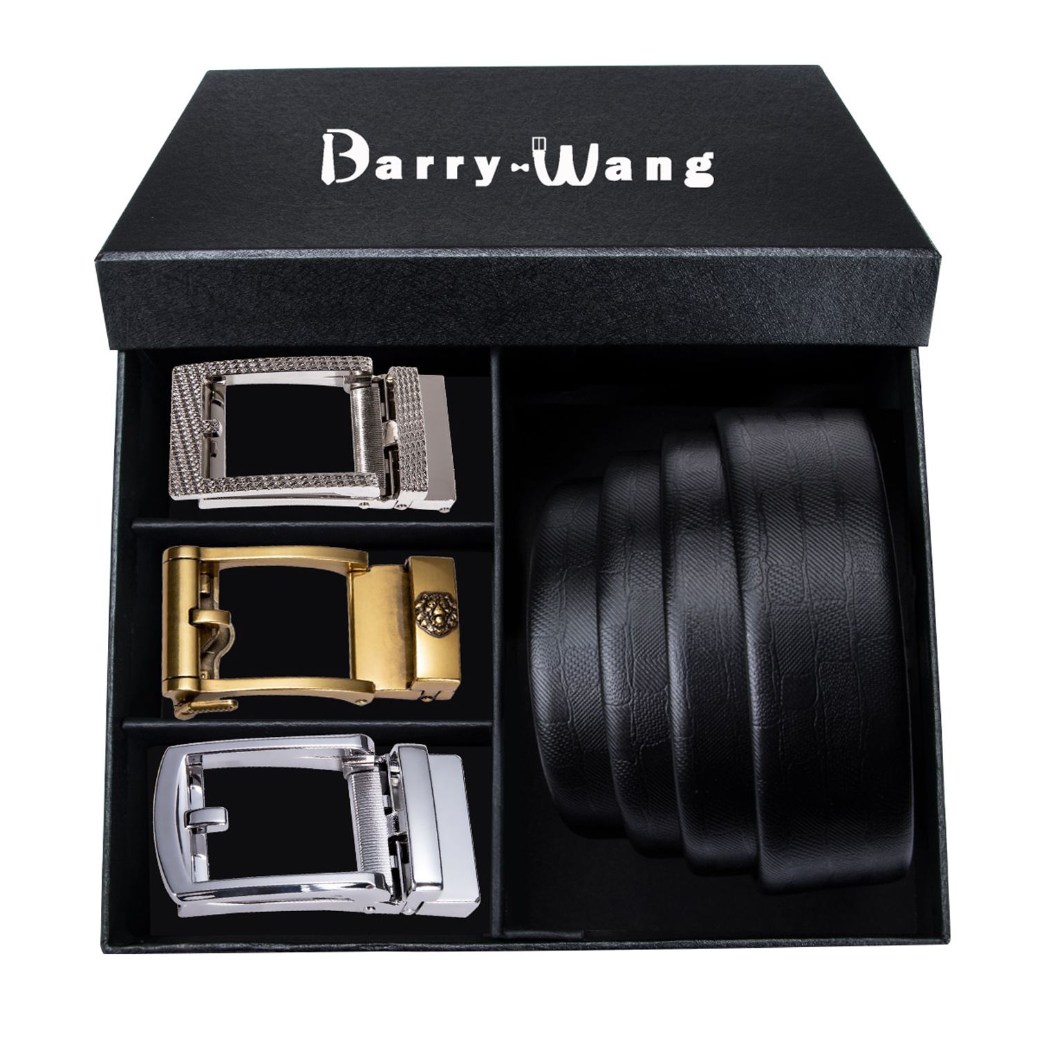 Barry.Wang Leather Belts for Men 3 Pack Automatic Slide Buckle Waist Strap Set Luxury Male Belt for Business Wedding Gift Box