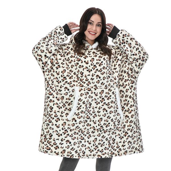 Winter Sherpa Oversized Hoodie Women Men Checkered Sweatshirt Fleece Hooded Blanket With Sleeves Pocket Wearable Blanket