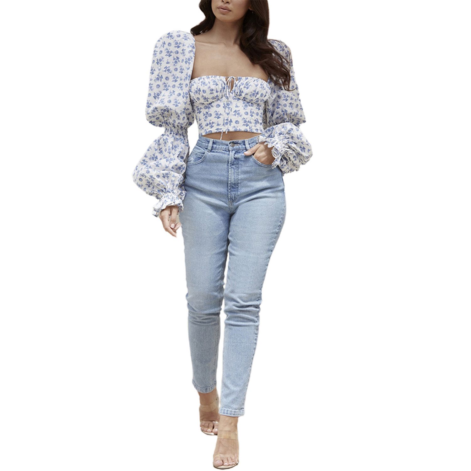 Elegant Women's Top for Summer, Spring Long Sleeve Low-cut Crop Top with Floral Pattern for Jeans and Skirt