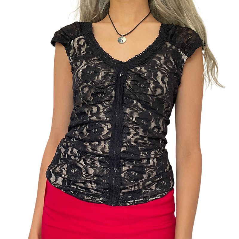 Women's T-shirt, Patchwork Lace Cap Sleeve V-neck Summer Female Tops for Dating Party
