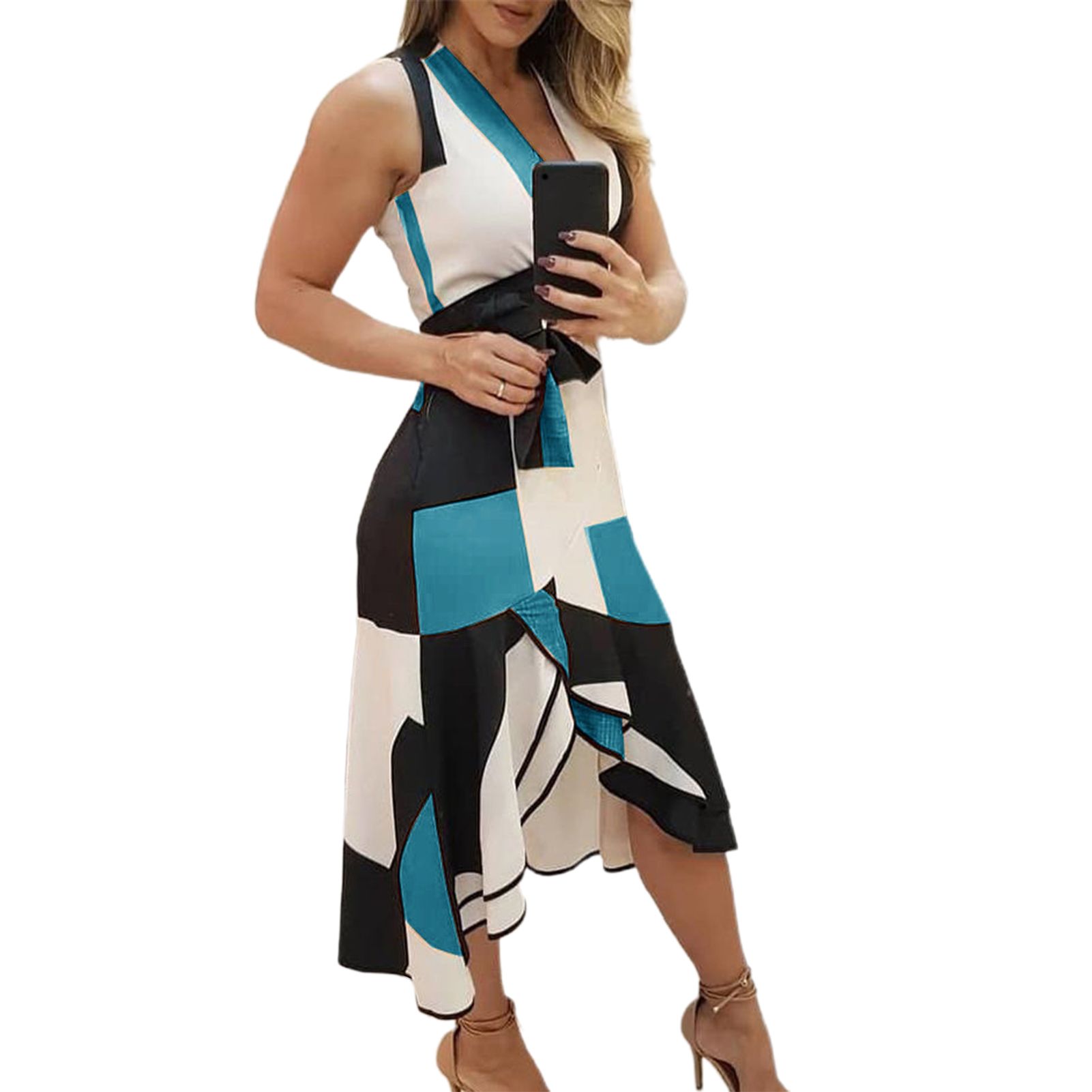 Office Lady Dress Contrast Color Asymmetricald-Calf Dress