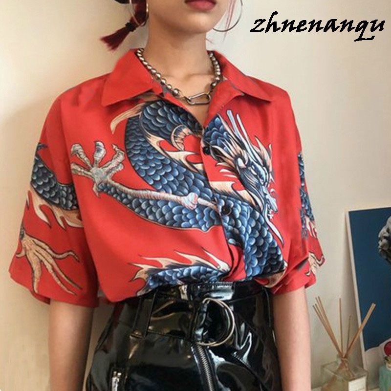 zhnenanqu Chinese Style Womens Dragon Print Shirt Summer Casual T shirt Loos Tops Plus Size Tunic