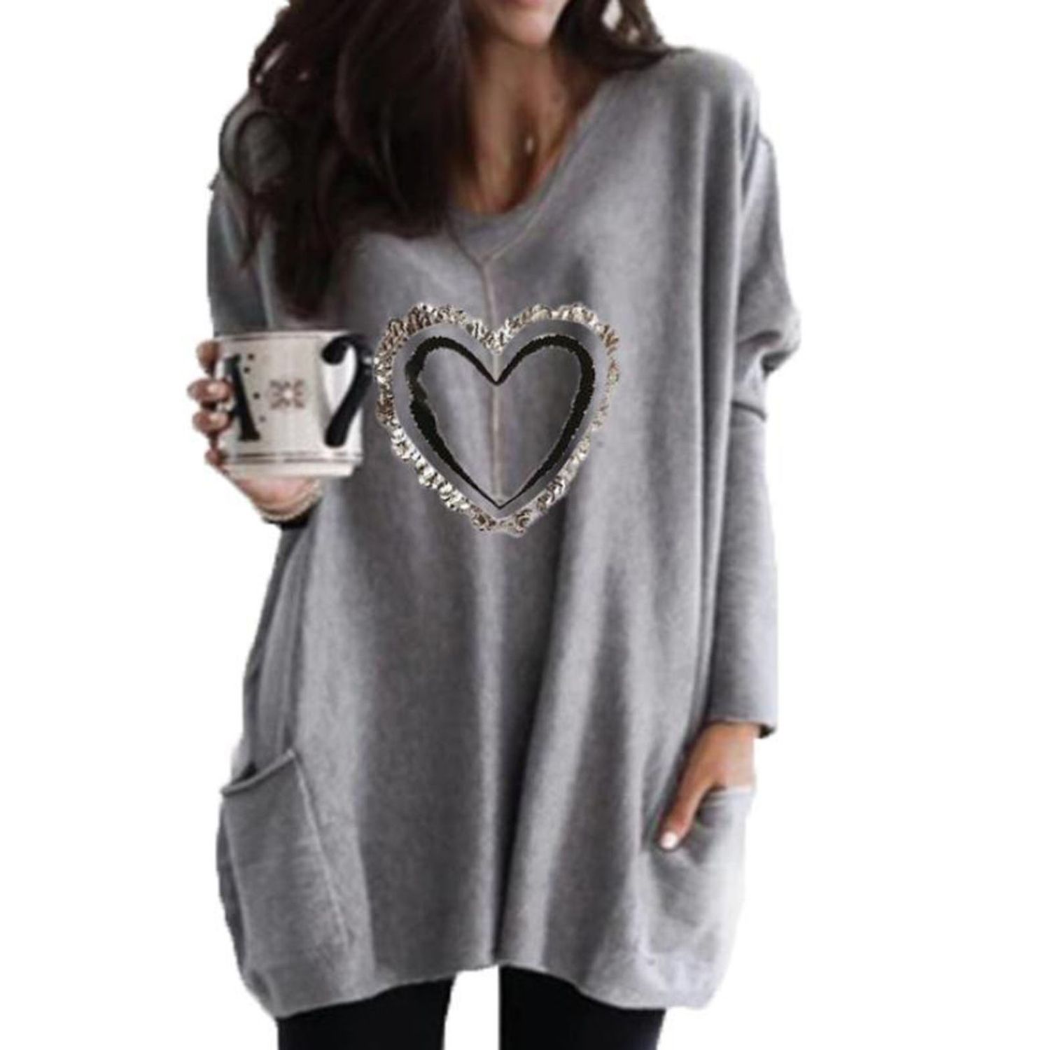 Lady T-shirts Heart Print Long Sleeves Solid Color Casual T-shirt