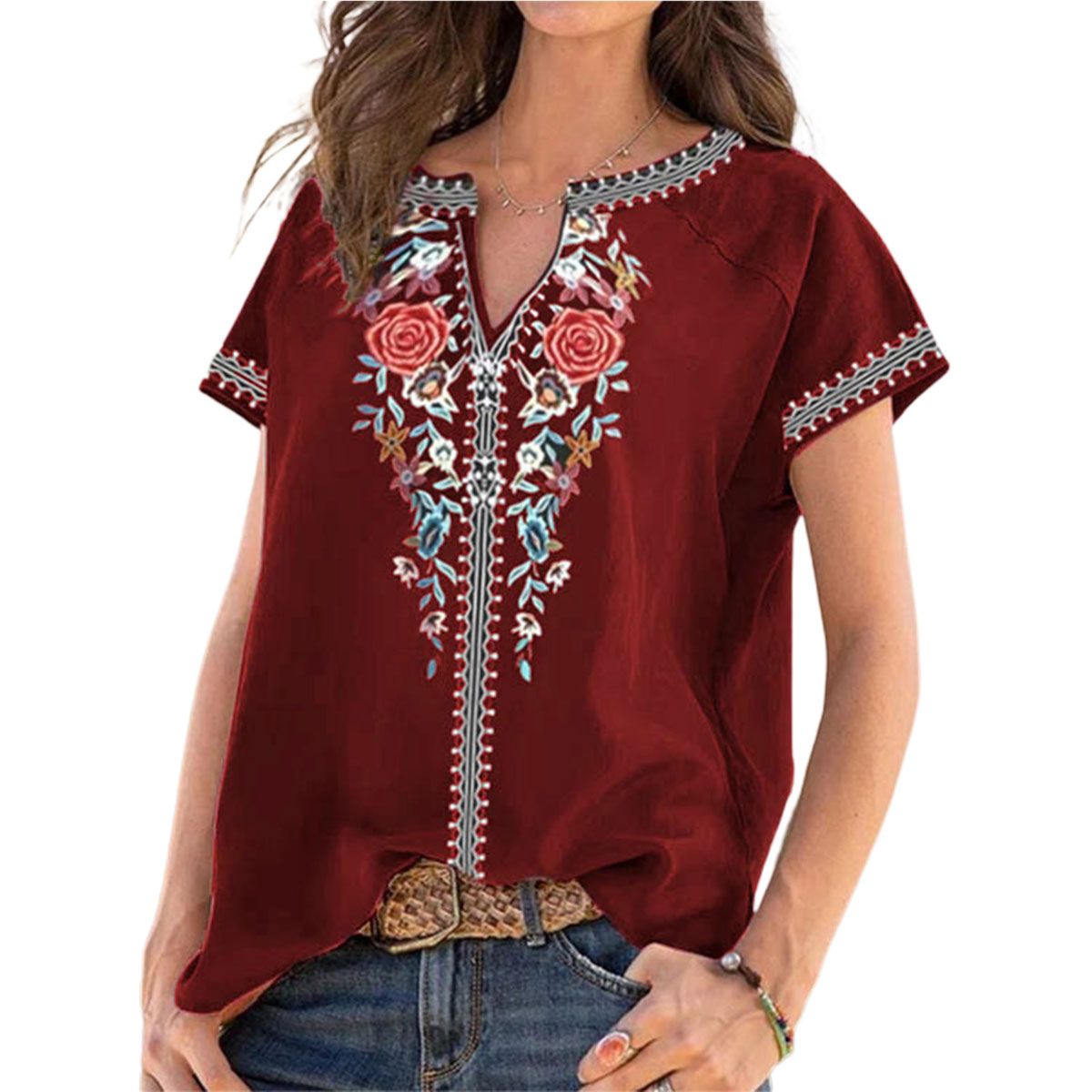 Women Shirt Ethnic Style Print Pure Color Tament Blouse