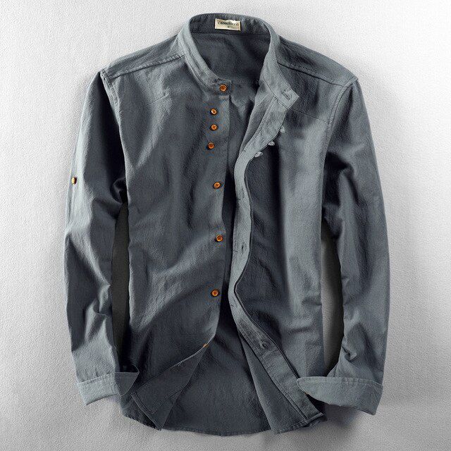 Men Spring Autumn Fashion Japan Vintage Style Premium Linen Stand Collar Slim Fit Single ed Simple Design Casual Shirts