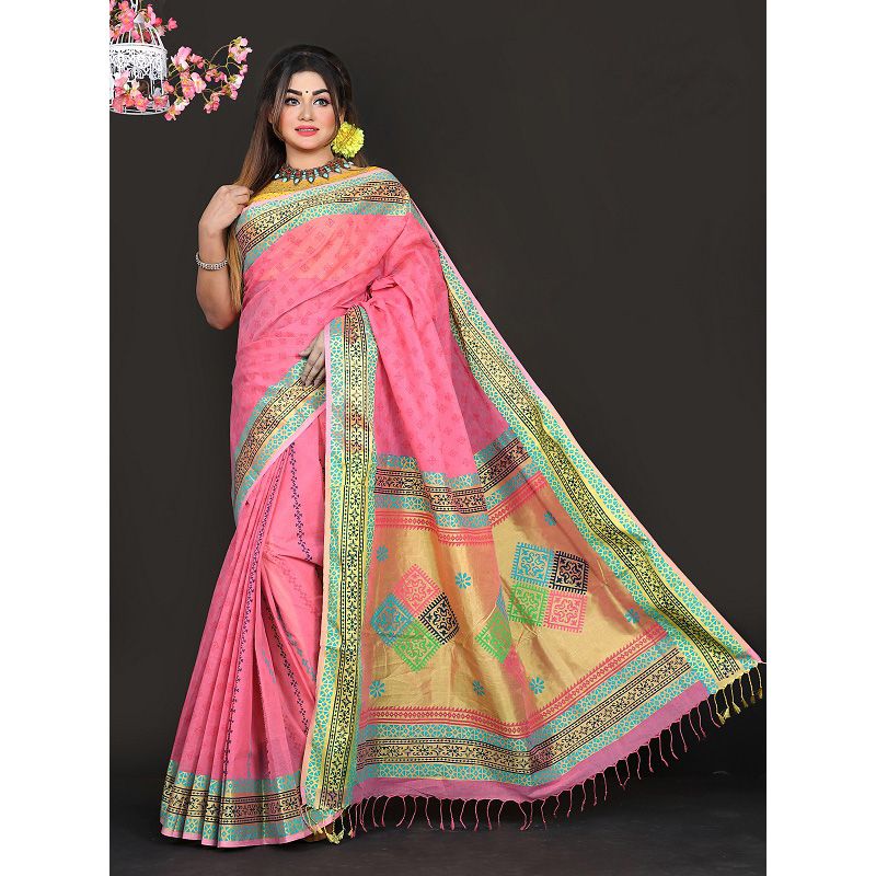 COTTON  SHAREE WITH HAND BLOCK WORK, BLOUSE PIECE INCLUDED, COLOR AS GIVEN PICTURE