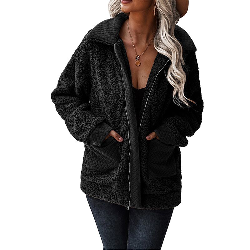 Women’s Casual Long Sleeve Jacket Fashion Solid Color Stitching Lapel Zipper Plush Coat