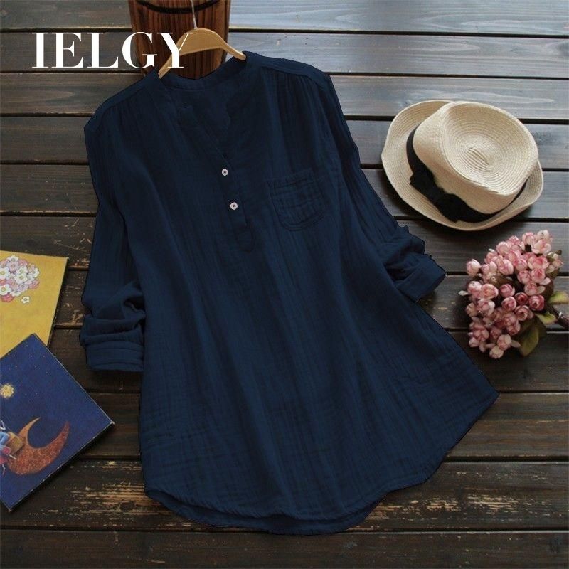 IELGY Solid color versatile long-sleeved stand collar cotton long shirt top