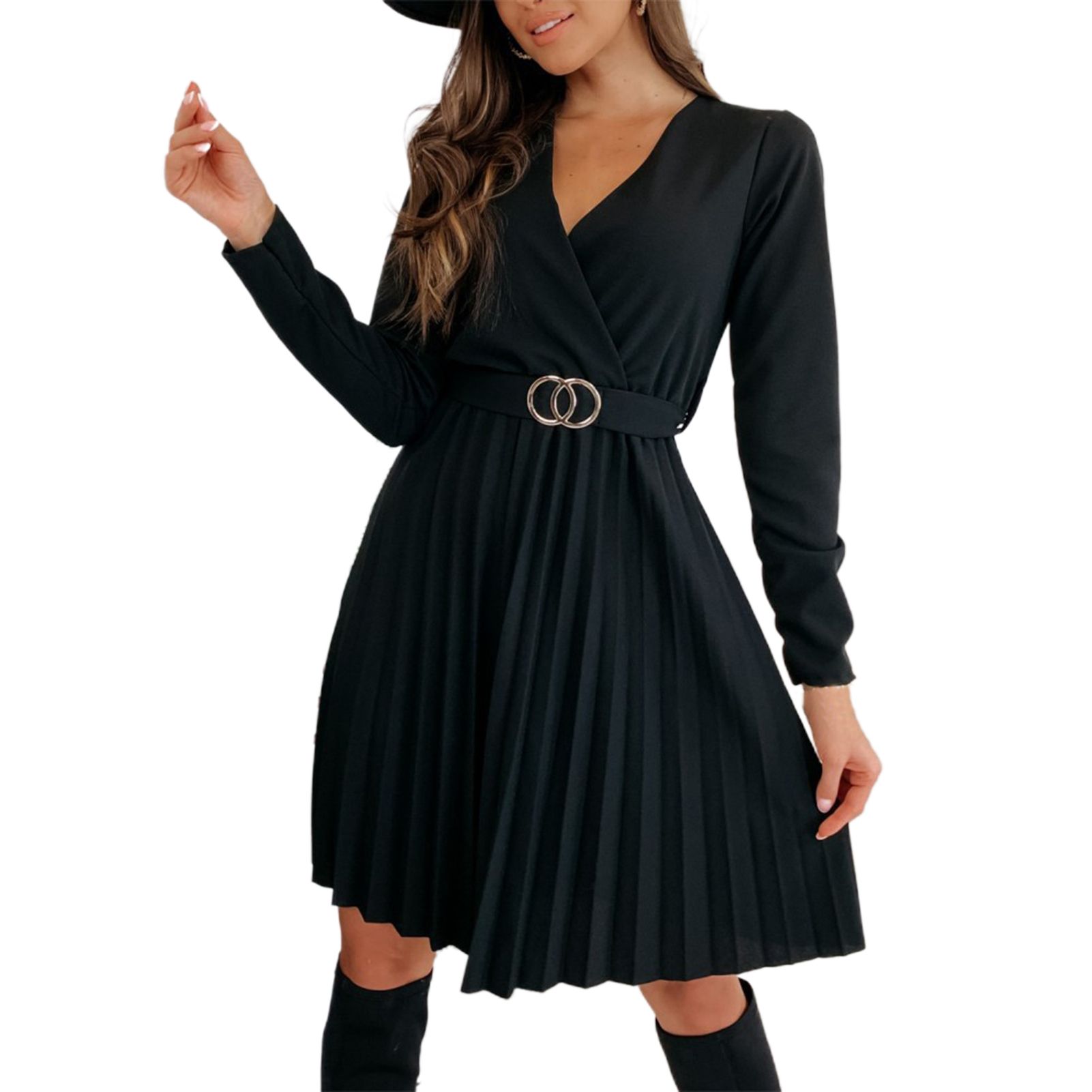 Belt Party Dress Elegant Pure Color Pleated Above Knee Lengthni Dress