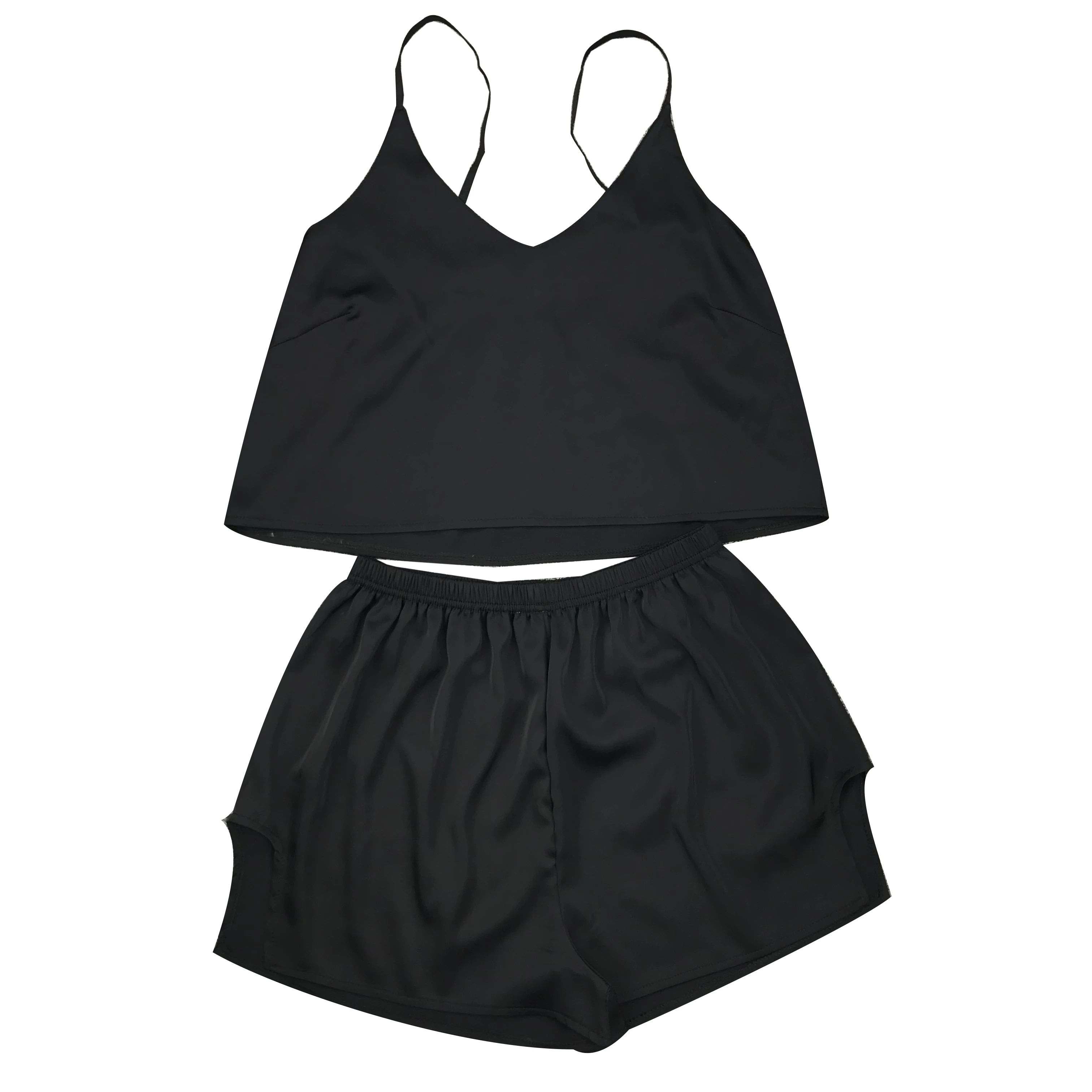 Women's Backless Satin y Pajamas Black Lace Pyjamas With Pants Loose Spaghetti Strap Intimate Lingerie Sleepwear Pj Set S-XXL