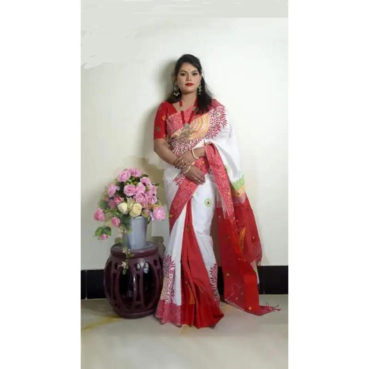 Block Print Red and White Saree New Collection Fashionable Stylish and Comfortable, Half Silk Sharee For Women